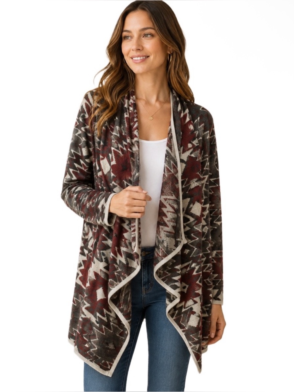 Lucky brand drape waterfall open front Aztec cardigan sweater red black medium